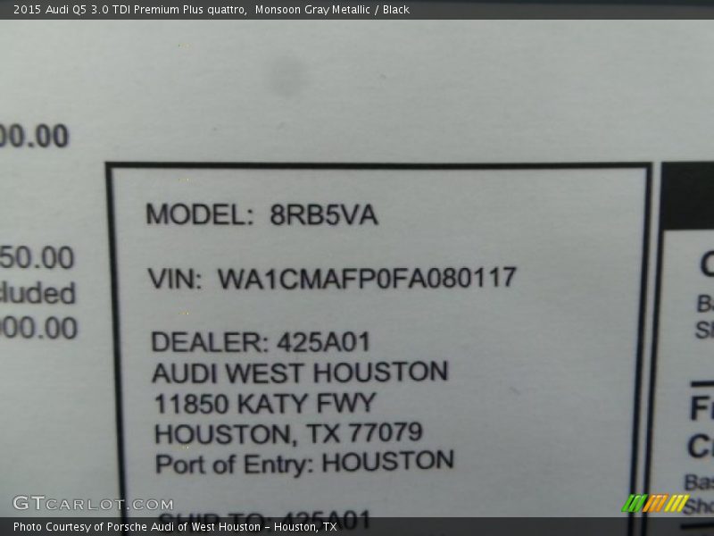 Monsoon Gray Metallic / Black 2015 Audi Q5 3.0 TDI Premium Plus quattro