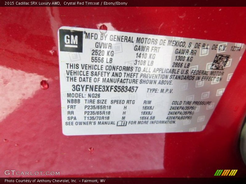 Crystal Red Tintcoat / Ebony/Ebony 2015 Cadillac SRX Luxury AWD
