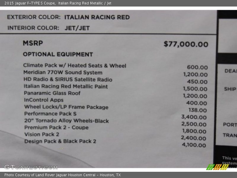  2015 F-TYPE S Coupe Window Sticker