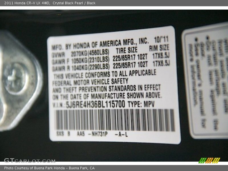 Crystal Black Pearl / Black 2011 Honda CR-V LX 4WD