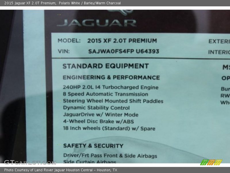 Polaris White / Barley/Warm Charcoal 2015 Jaguar XF 2.0T Premium