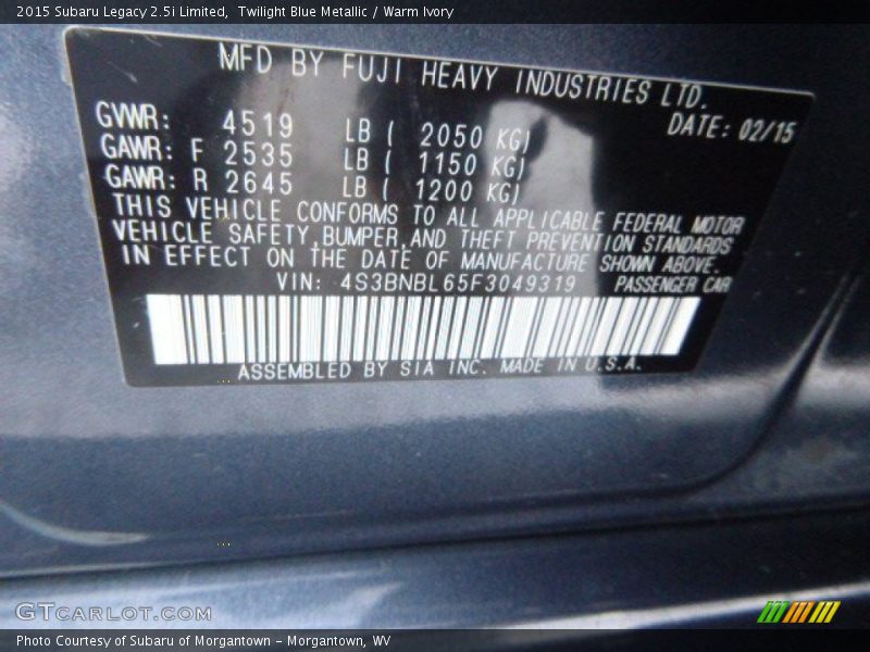 Twilight Blue Metallic / Warm Ivory 2015 Subaru Legacy 2.5i Limited