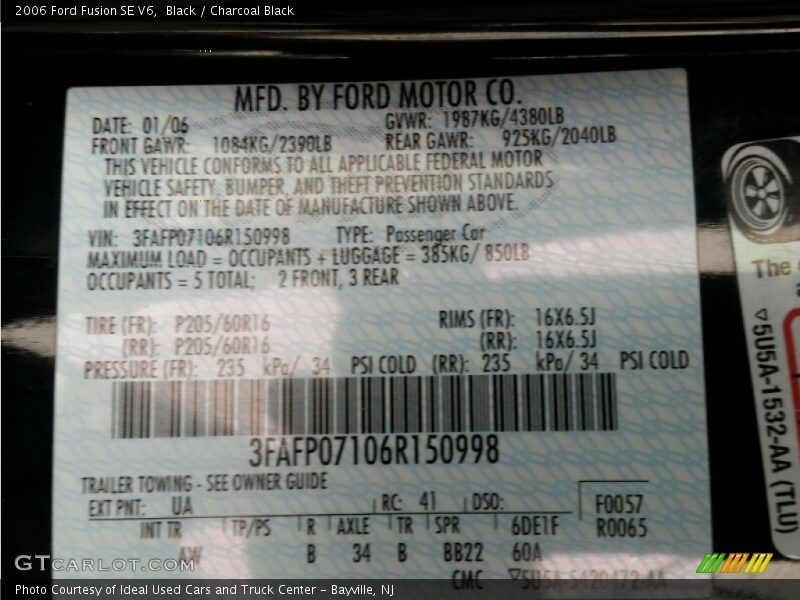 Black / Charcoal Black 2006 Ford Fusion SE V6