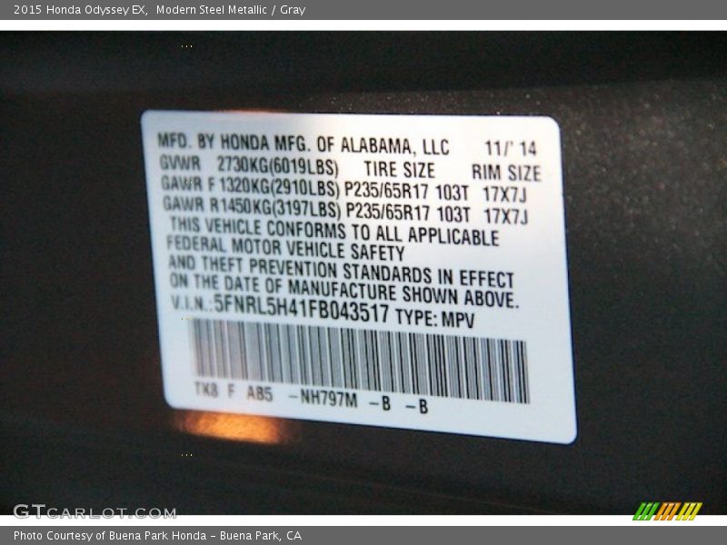 Modern Steel Metallic / Gray 2015 Honda Odyssey EX
