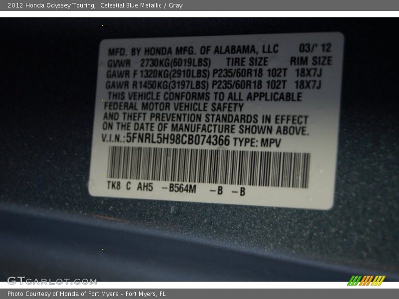 Celestial Blue Metallic / Gray 2012 Honda Odyssey Touring