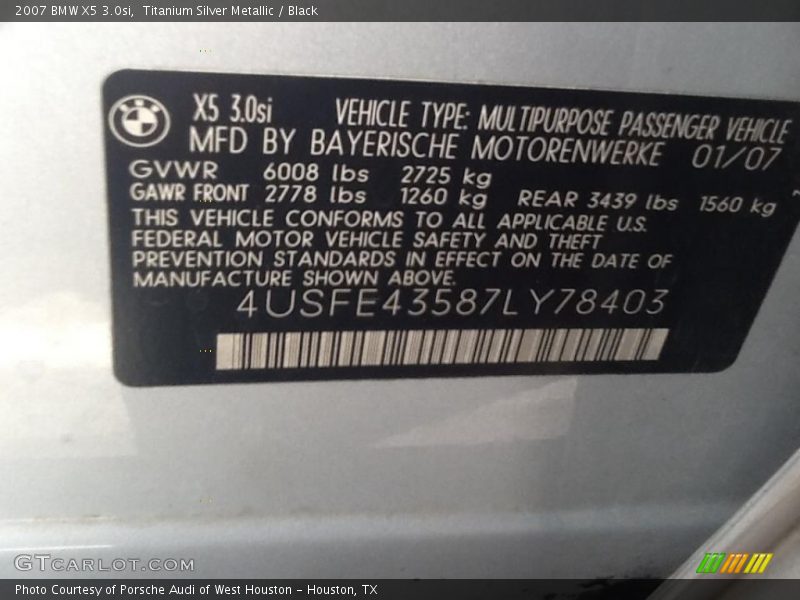 Titanium Silver Metallic / Black 2007 BMW X5 3.0si
