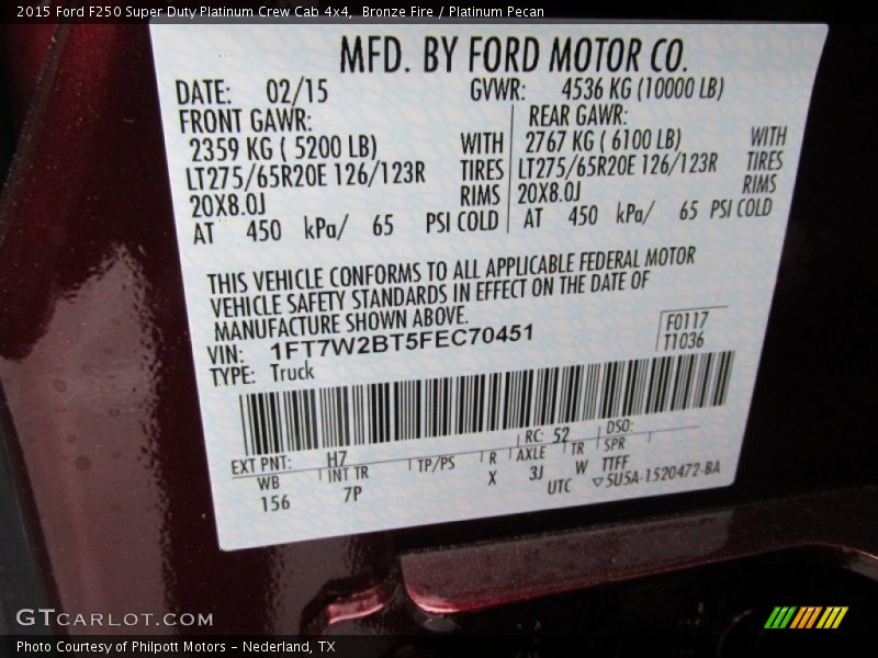 2015 F250 Super Duty Platinum Crew Cab 4x4 Bronze Fire Color Code H7