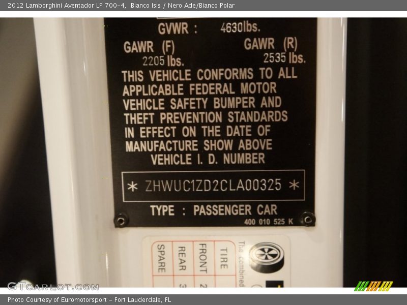 Bianco Isis / Nero Ade/Bianco Polar 2012 Lamborghini Aventador LP 700-4