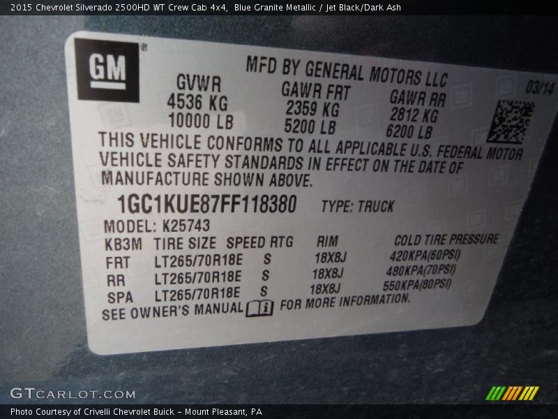 Blue Granite Metallic / Jet Black/Dark Ash 2015 Chevrolet Silverado 2500HD WT Crew Cab 4x4