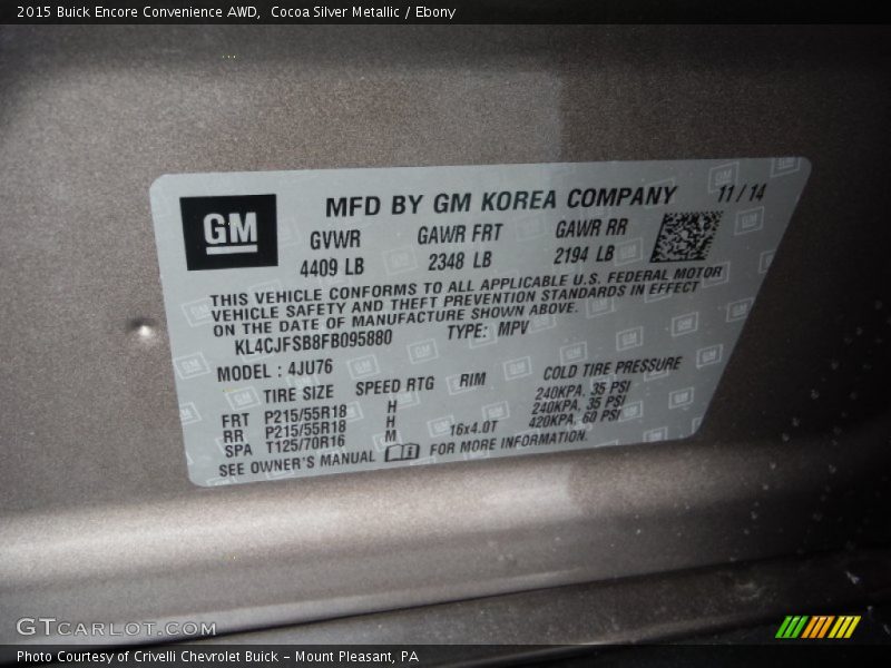 Cocoa Silver Metallic / Ebony 2015 Buick Encore Convenience AWD