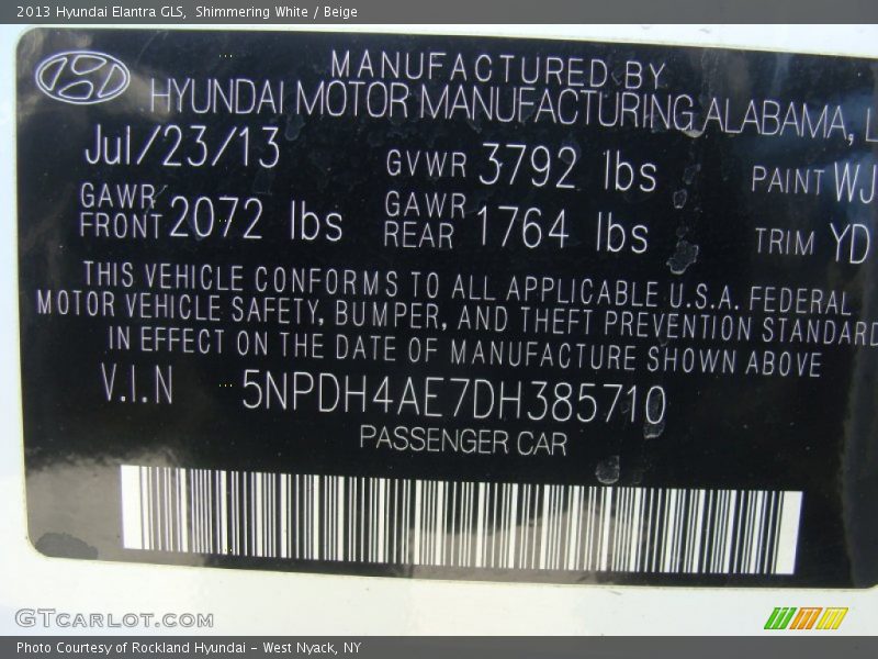 Shimmering White / Beige 2013 Hyundai Elantra GLS