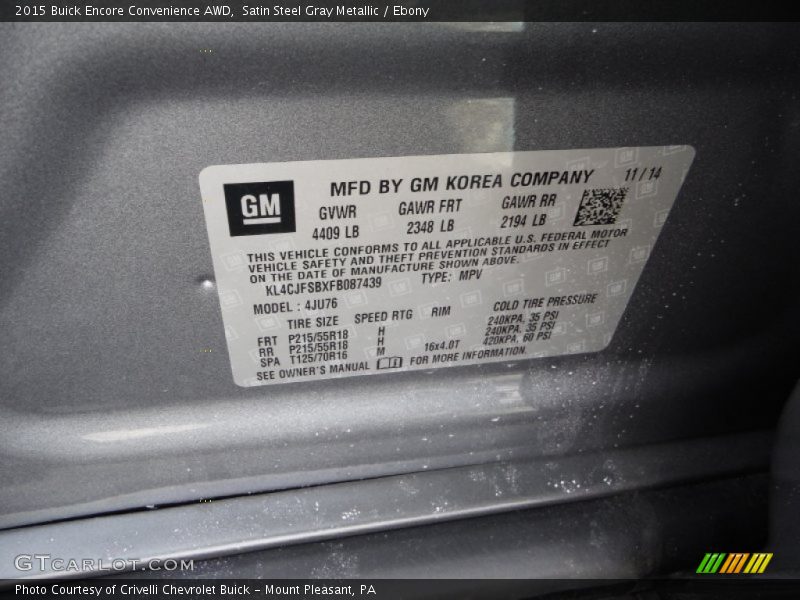 Satin Steel Gray Metallic / Ebony 2015 Buick Encore Convenience AWD
