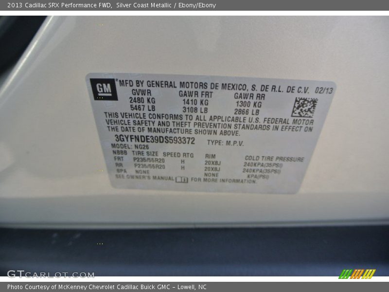Silver Coast Metallic / Ebony/Ebony 2013 Cadillac SRX Performance FWD