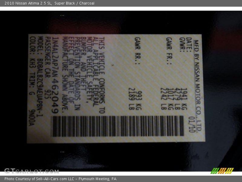 Super Black / Charcoal 2010 Nissan Altima 2.5 SL