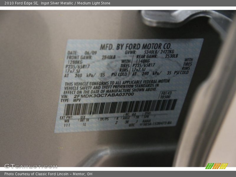 Ingot Silver Metallic / Medium Light Stone 2010 Ford Edge SE