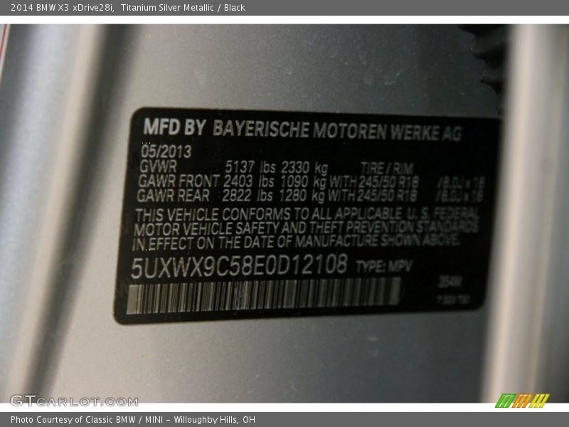 Titanium Silver Metallic / Black 2014 BMW X3 xDrive28i