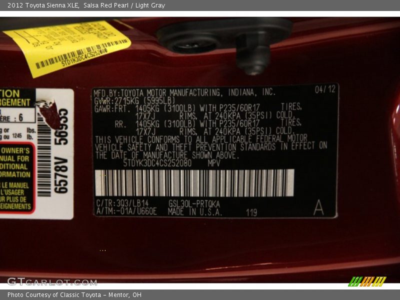 Salsa Red Pearl / Light Gray 2012 Toyota Sienna XLE