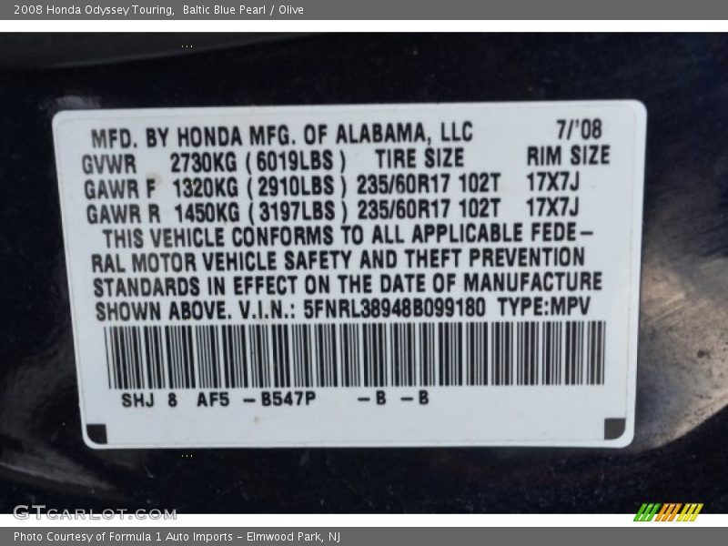 Baltic Blue Pearl / Olive 2008 Honda Odyssey Touring