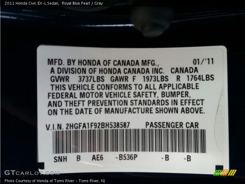Royal Blue Pearl / Gray 2011 Honda Civic EX-L Sedan