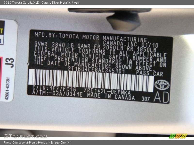 Classic Silver Metallic / Ash 2010 Toyota Corolla XLE
