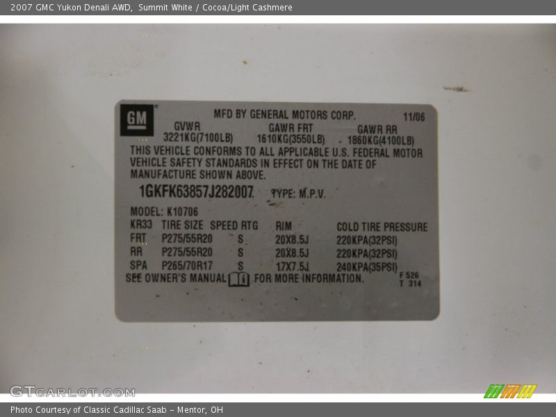 Summit White / Cocoa/Light Cashmere 2007 GMC Yukon Denali AWD
