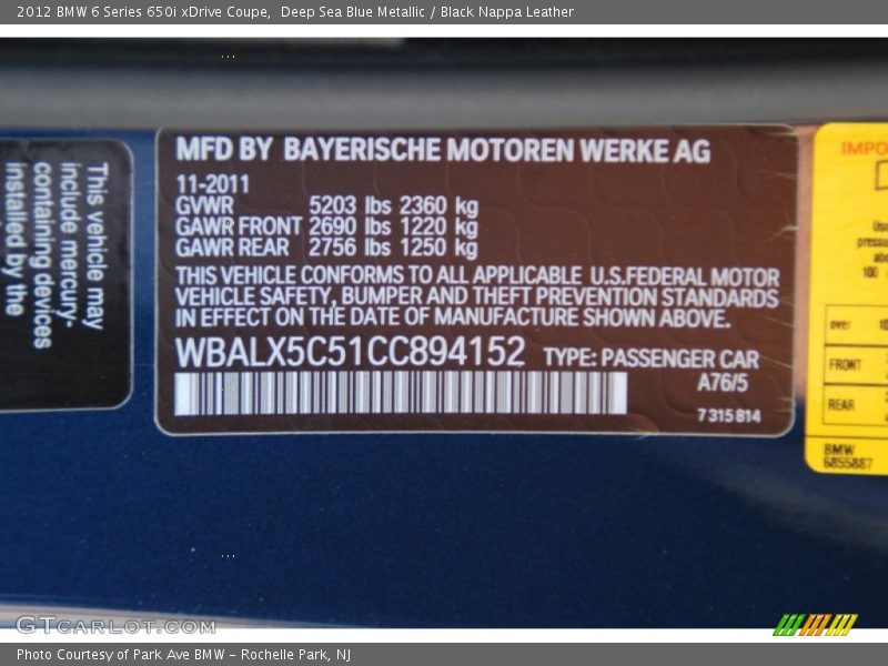 2012 6 Series 650i xDrive Coupe Deep Sea Blue Metallic Color Code A76