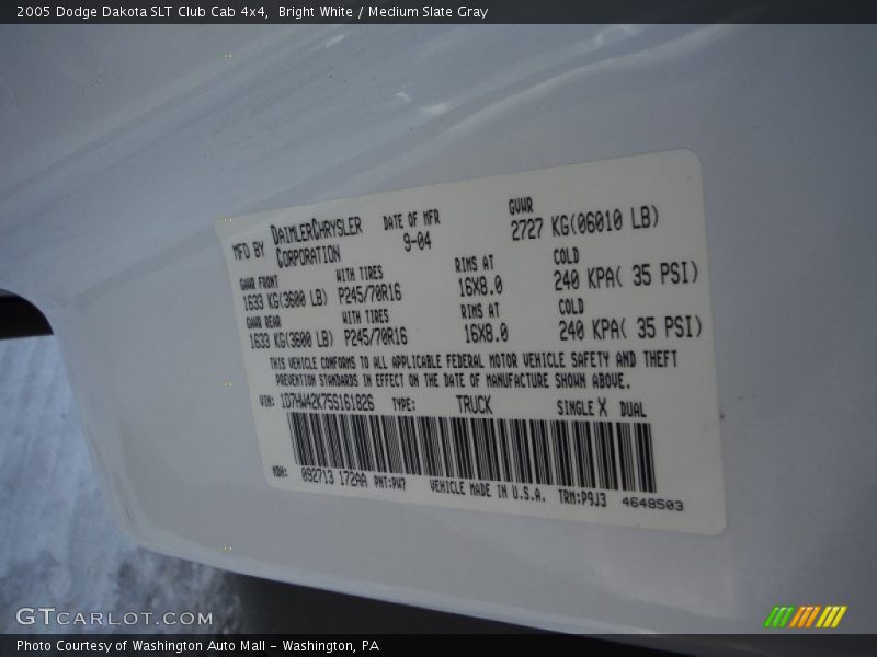 Bright White / Medium Slate Gray 2005 Dodge Dakota SLT Club Cab 4x4