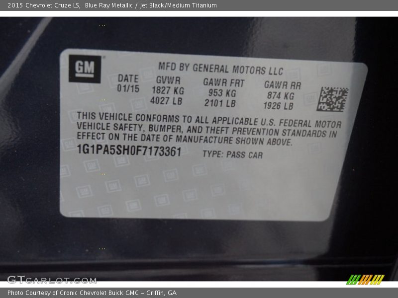 Blue Ray Metallic / Jet Black/Medium Titanium 2015 Chevrolet Cruze LS