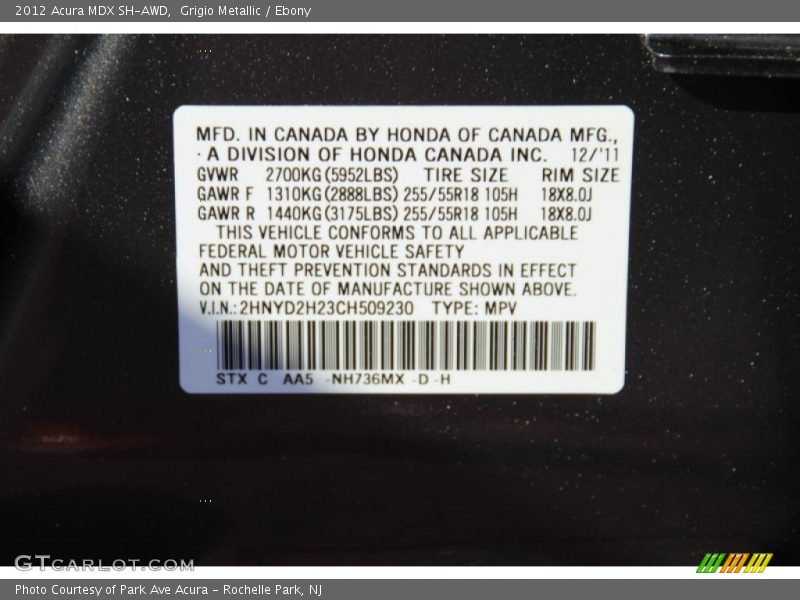 Grigio Metallic / Ebony 2012 Acura MDX SH-AWD
