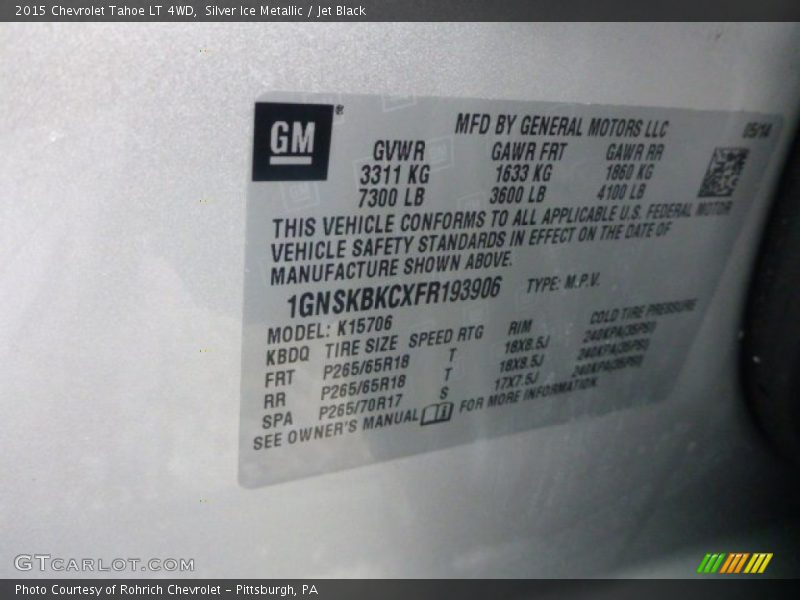 Silver Ice Metallic / Jet Black 2015 Chevrolet Tahoe LT 4WD