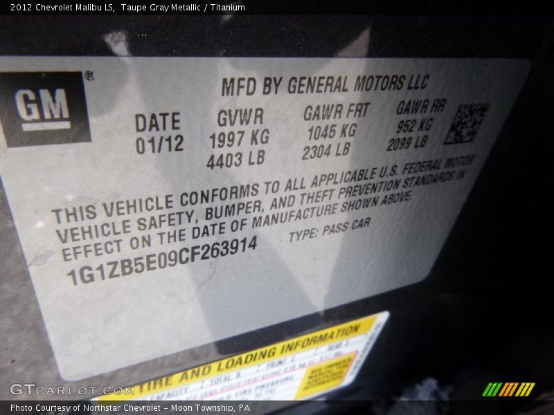 Taupe Gray Metallic / Titanium 2012 Chevrolet Malibu LS