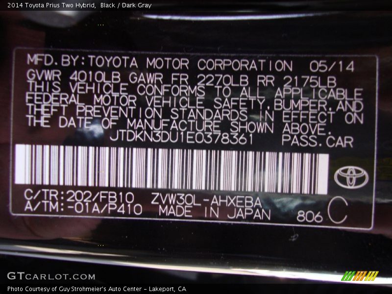 Black / Dark Gray 2014 Toyota Prius Two Hybrid