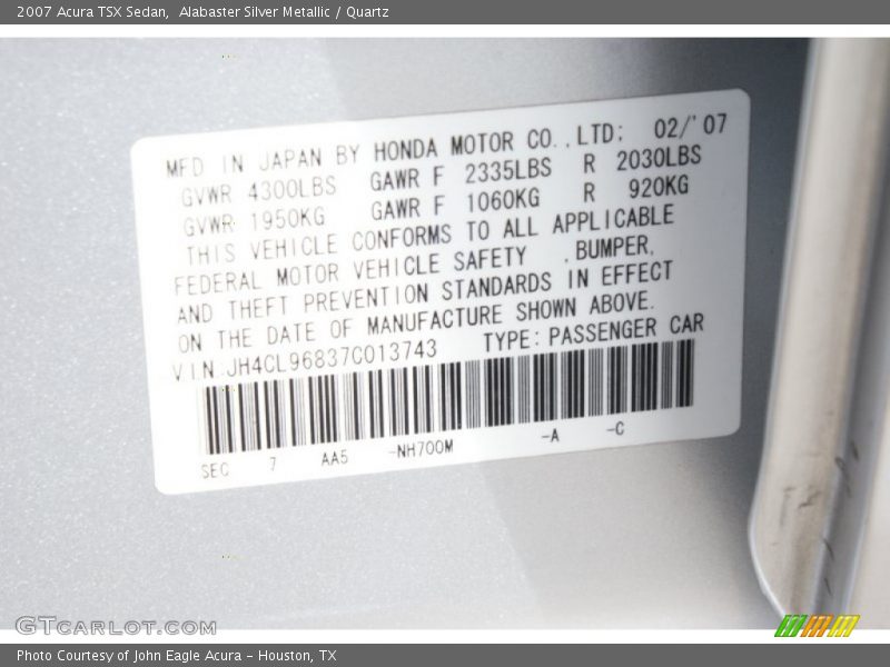Alabaster Silver Metallic / Quartz 2007 Acura TSX Sedan