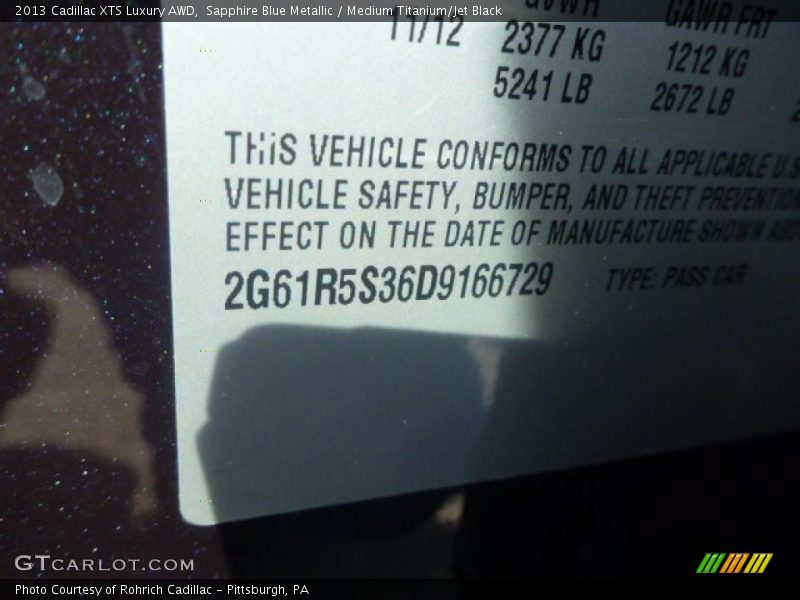 Sapphire Blue Metallic / Medium Titanium/Jet Black 2013 Cadillac XTS Luxury AWD