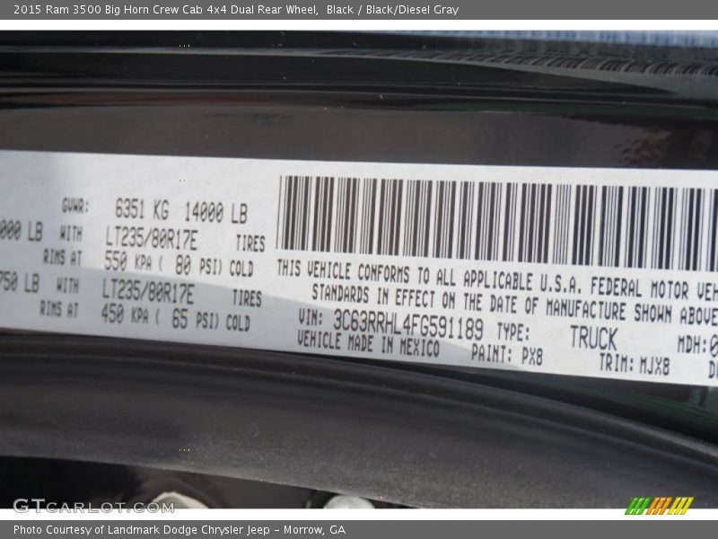 2015 3500 Big Horn Crew Cab 4x4 Dual Rear Wheel Black Color Code PX8
