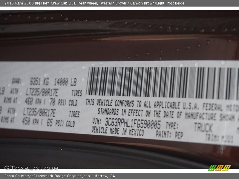 2015 3500 Big Horn Crew Cab Dual Rear Wheel Western Brown Color Code PEP