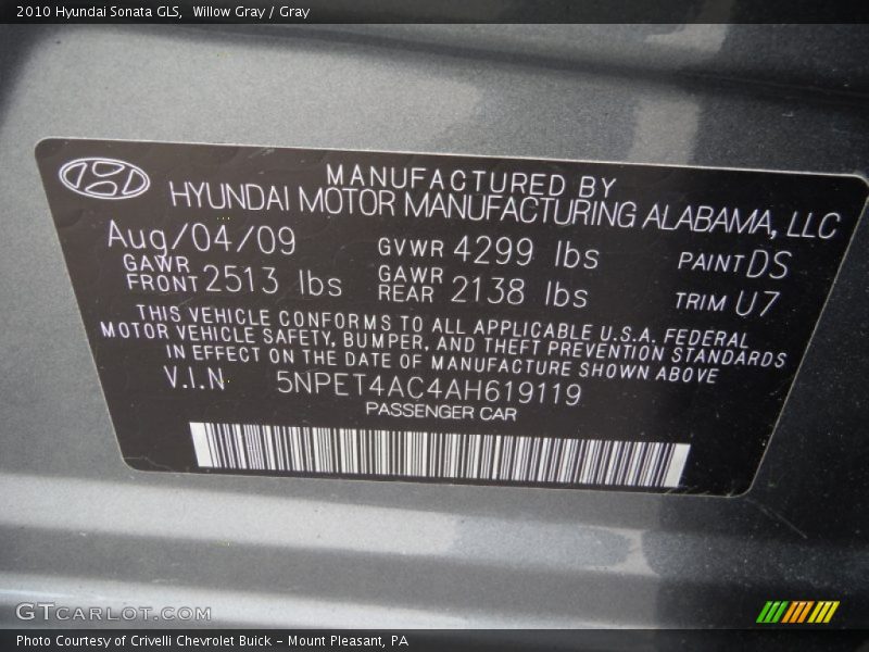 Willow Gray / Gray 2010 Hyundai Sonata GLS