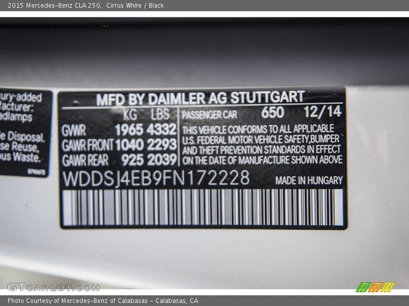 Cirrus White / Black 2015 Mercedes-Benz CLA 250