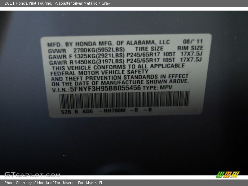Alabaster Silver Metallic / Gray 2011 Honda Pilot Touring