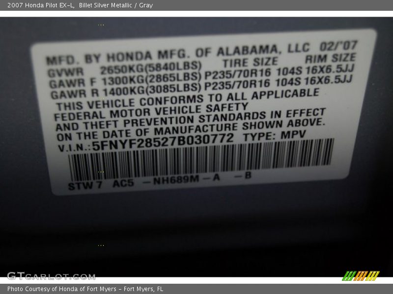 Billet Silver Metallic / Gray 2007 Honda Pilot EX-L