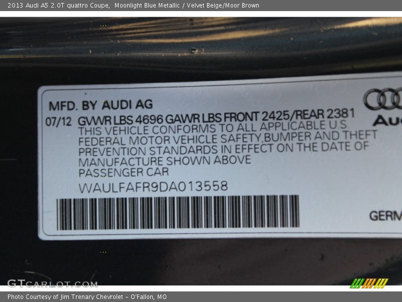 Moonlight Blue Metallic / Velvet Beige/Moor Brown 2013 Audi A5 2.0T quattro Coupe