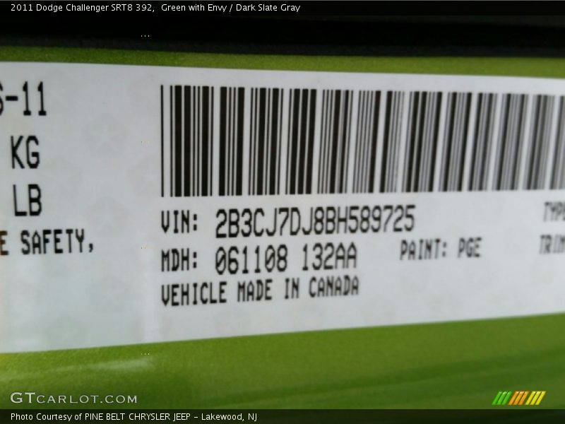 2011 Challenger SRT8 392 Green with Envy Color Code PGE