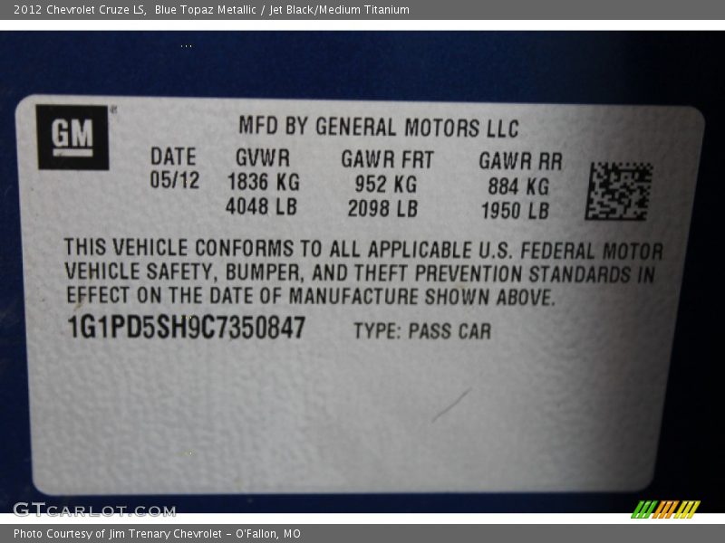 Blue Topaz Metallic / Jet Black/Medium Titanium 2012 Chevrolet Cruze LS