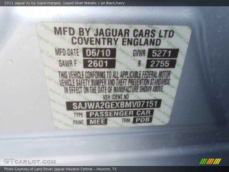 Liquid Silver Metallic / Jet Black/Ivory 2011 Jaguar XJ XJL Supercharged