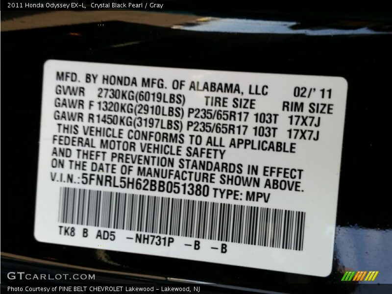 Crystal Black Pearl / Gray 2011 Honda Odyssey EX-L