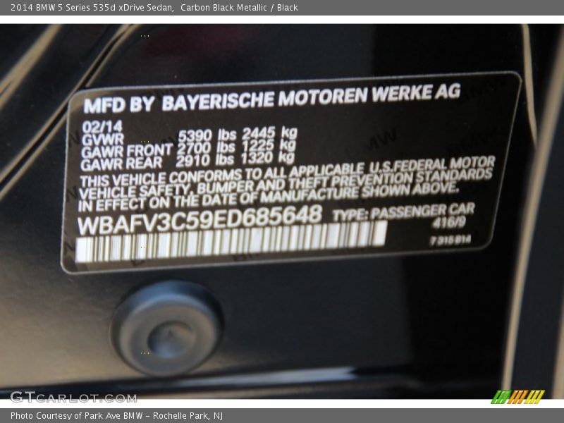 2014 5 Series 535d xDrive Sedan Carbon Black Metallic Color Code 416