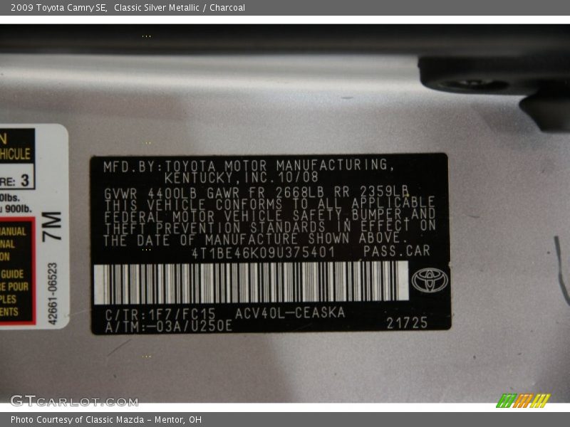 Classic Silver Metallic / Charcoal 2009 Toyota Camry SE