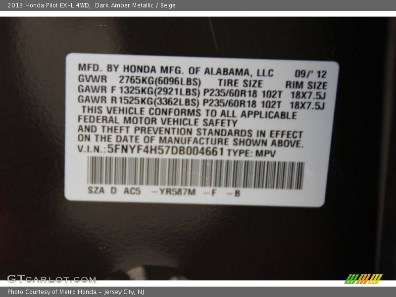 Dark Amber Metallic / Beige 2013 Honda Pilot EX-L 4WD