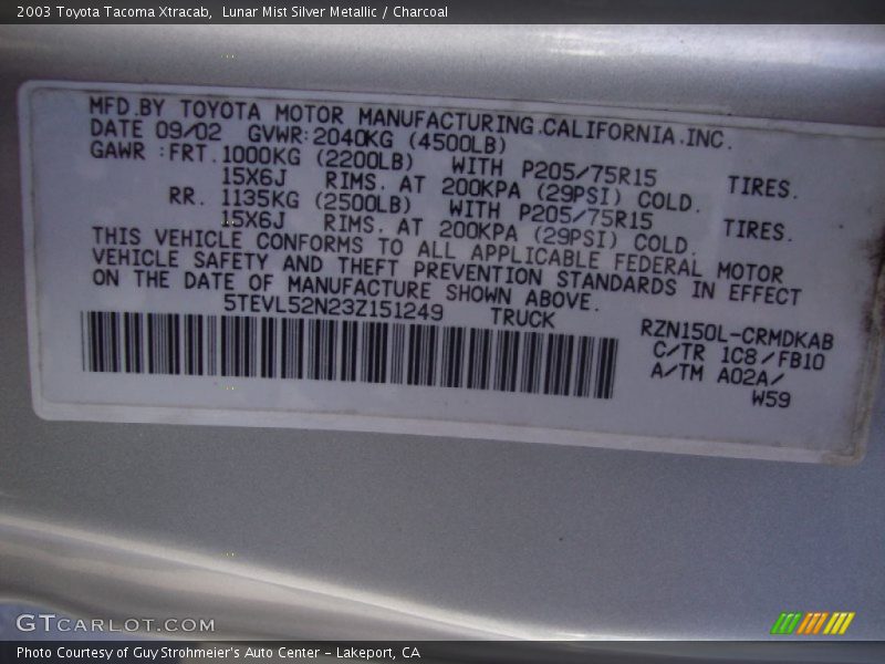 Lunar Mist Silver Metallic / Charcoal 2003 Toyota Tacoma Xtracab