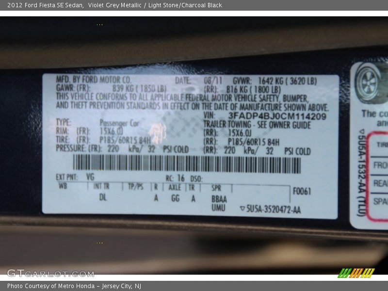 Violet Grey Metallic / Light Stone/Charcoal Black 2012 Ford Fiesta SE Sedan